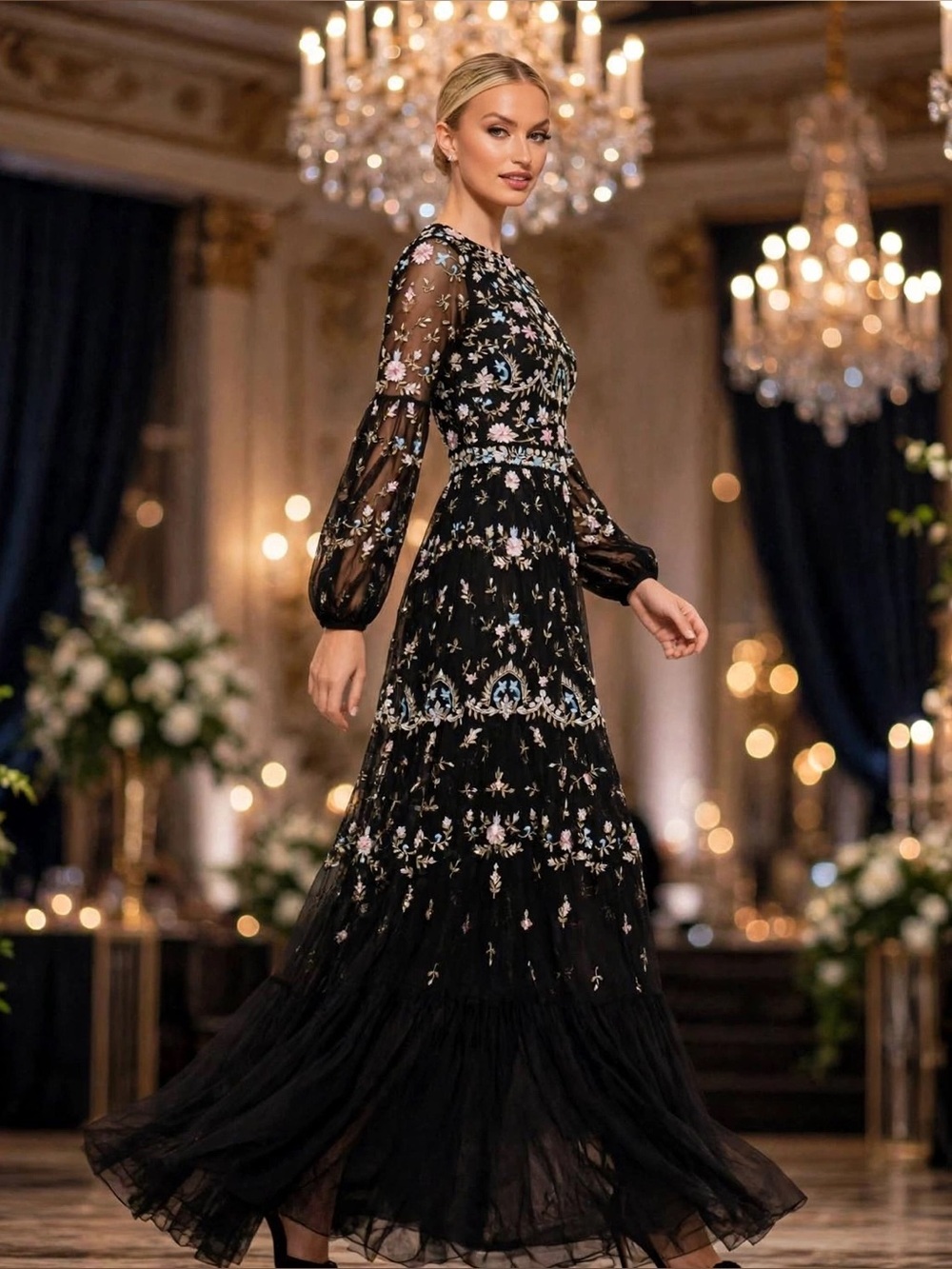 Mac Duggal EMBROIDERED BLOUSON SLEEVE GOWN size 6 $798 Anthropologie